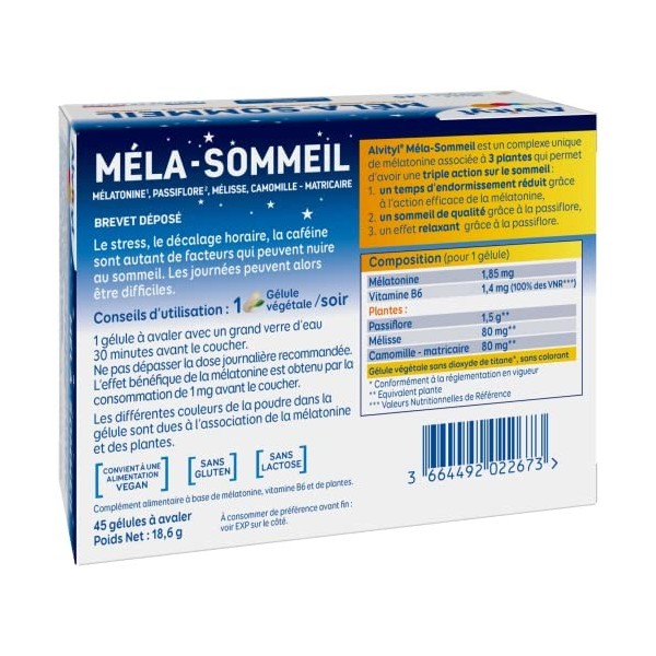 Alvityl Méla-sommeil – 45 nuits – Mélatonine + 3 plantes + vitamine B6 – Triple action sur le sommeil et la relaxation – 45 g