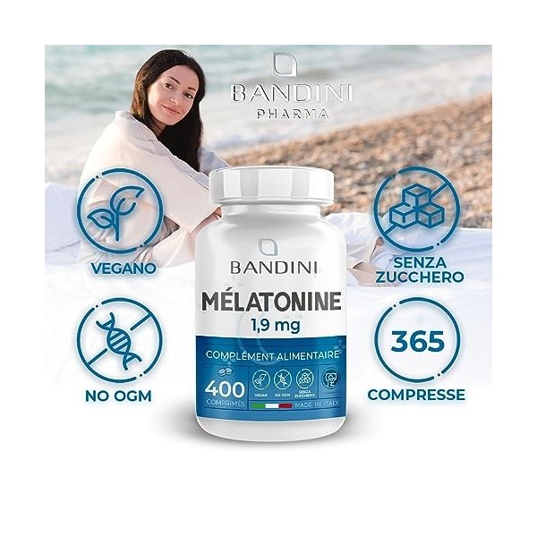 Bandini® Mélatonine 400 comprimés, Mélatonine pure 1,9 mg, supplément pour un meilleur sommeil et repos, complément alimentai