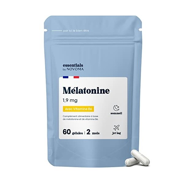 Mélatonine 1,9mg, Endormissement Rapide, Sommeil Naturel & Jet Lag, Cure de 2 mois, 60 Gélules Végétales, Complément Alimenta