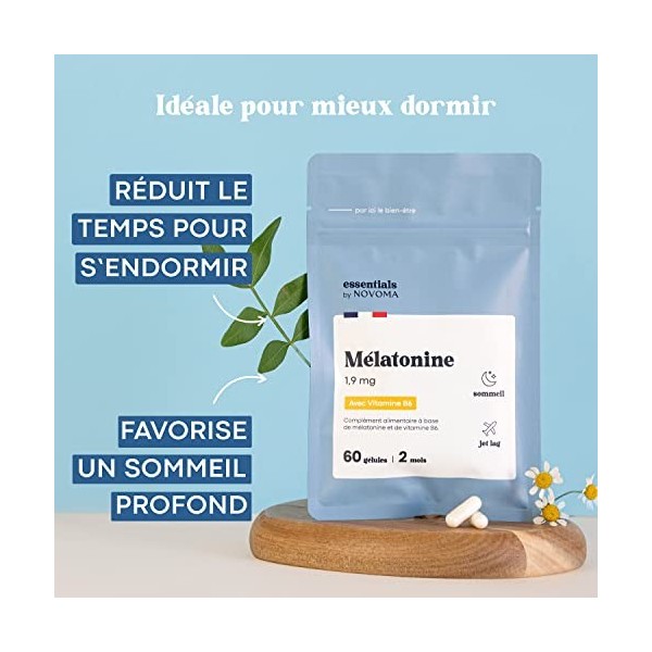 Mélatonine 1,9mg, Endormissement Rapide, Sommeil Naturel & Jet Lag, Cure de 2 mois, 60 Gélules Végétales, Complément Alimenta