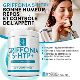 GRIFFONIA 5HTP Forte Dose PiuLife® • 200 Comprimés de 400mg Tryptophane Précurseur de la Serotonine • Somnifere Puissant Pour