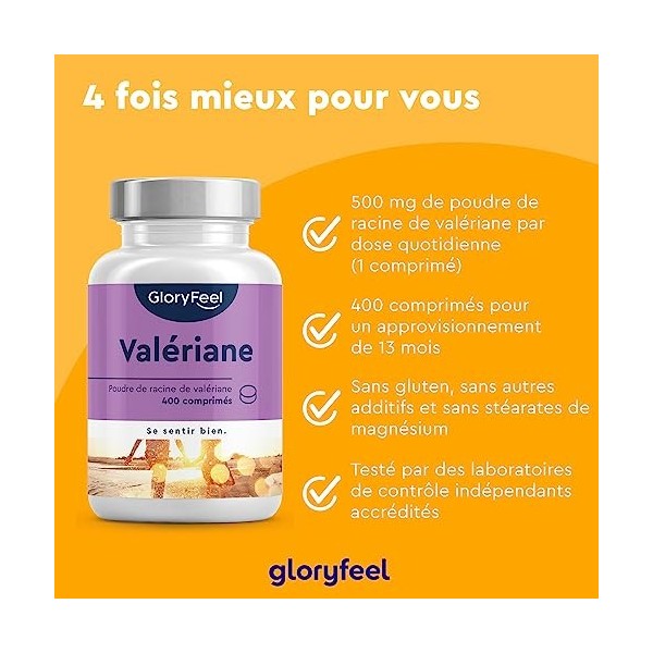 Valériane Hautement Dosée 500 mg par Dose Journalière , 400 Comprimés pour Plus dun An, Extrait de Racine de Valeriane Pure