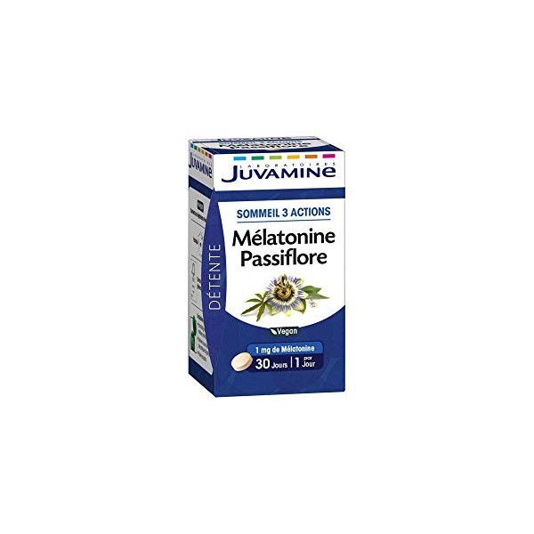 JUVAMINE - Sommeil 3 Actions - 1mg de Mélatonine - Passiflore - 30 Comprimés