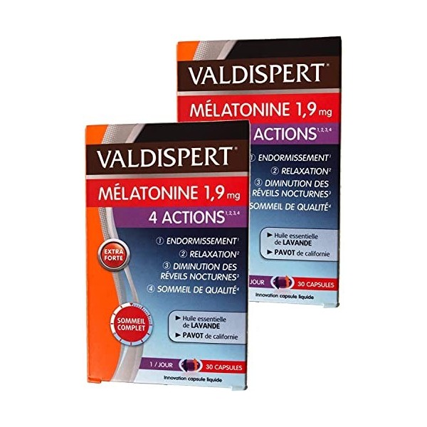 VALDISPERT - Complexe Favorisant lENDORMISSEMENT - Mélatonine 1.9 mg - 4 ACTIONS: ENDORMISSEMENT RELAXATION DIMINUTION d