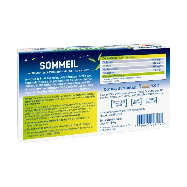 Alvityl - Comprimés Sommeil - 4 actifs dorigine végétale - Endormissement, Sommeil de qualité, Relaxation - 30 nuits