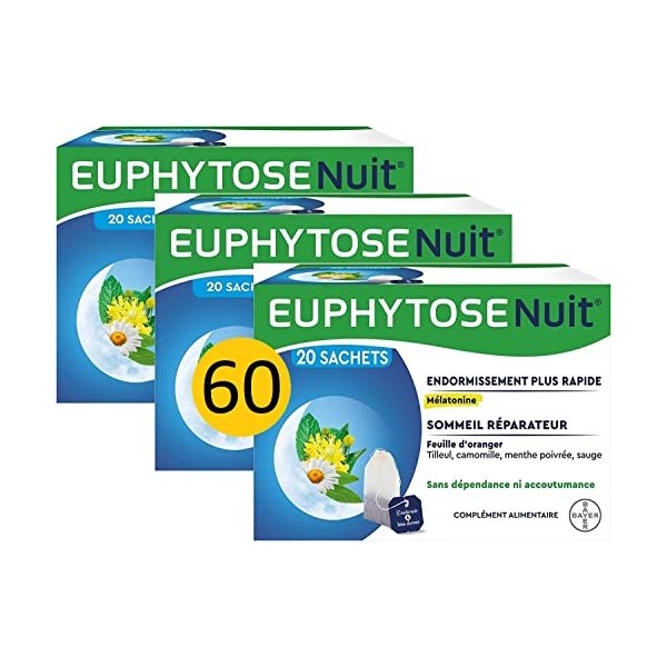 EuphytoseNuit Sachets à Infuser, Mélatonine et plantes pour les troubles du Sommeil, 3 packs de 20 sachets, Pour usage ponctu