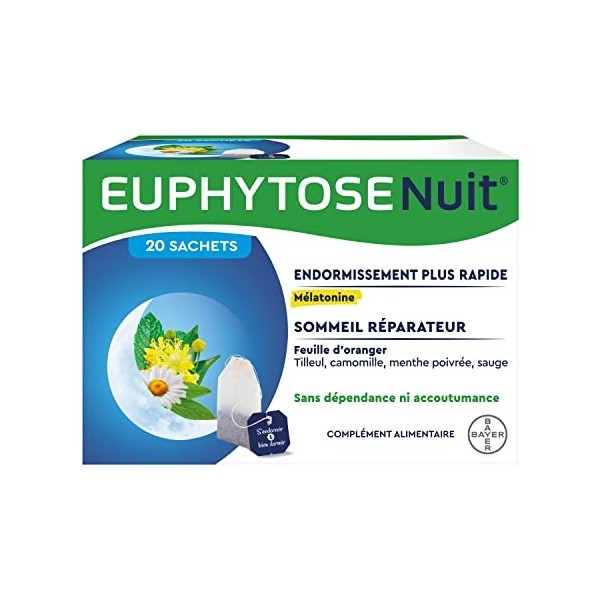 EuphytoseNuit Sachets à Infuser, Mélatonine et plantes pour les troubles du Sommeil, 3 packs de 20 sachets, Pour usage ponctu