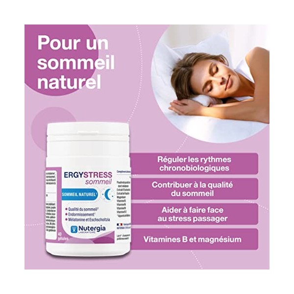 Nutergia – Sommeil naturel – Endormissement – Décalage Horaire – Sommeil de qualité – Mélatonine et Eschscholtzia – Complémen