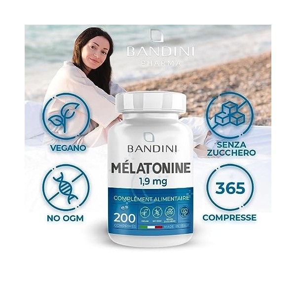 Bandini® Mélatonine 200 comprimés, Mélatonine pure 1,9 mg, supplément pour un meilleur sommeil et repos, complément alimentai