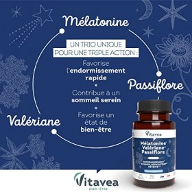Vitavea - Mélatonine Valériane Passiflore - Complément Alimentaire Sommeil Adulte - Endormissement Rapide, Nuit Réparatrice -