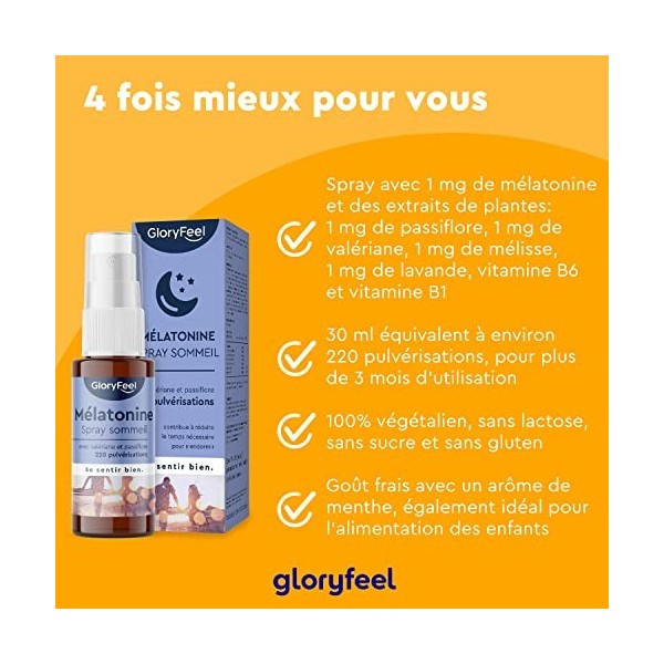 Mélatonine Spray avec Lavande, Extraits dHerbes, Vitamine B6 et B1, Mélatonine Pure par Pulvérisation, Hautement Dosée, 100%