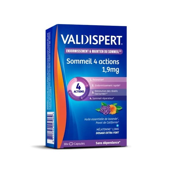 VALDISPERT-Endormissement & Maintien Du Sommeil-Sommeil 4 Actions 1,9 mg-Complément Alimentaire à base de plantes et de Mélat