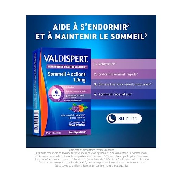 VALDISPERT-Endormissement & Maintien Du Sommeil-Sommeil 4 Actions 1,9 mg-Complément Alimentaire à base de plantes et de Mélat