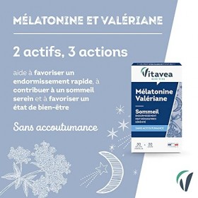 Vitavea - Mélatonine Valériane - Complément Alimentaire Sommeil Adulte - Endormissement Rapide, Nuit Réparatrice - Sans Accou