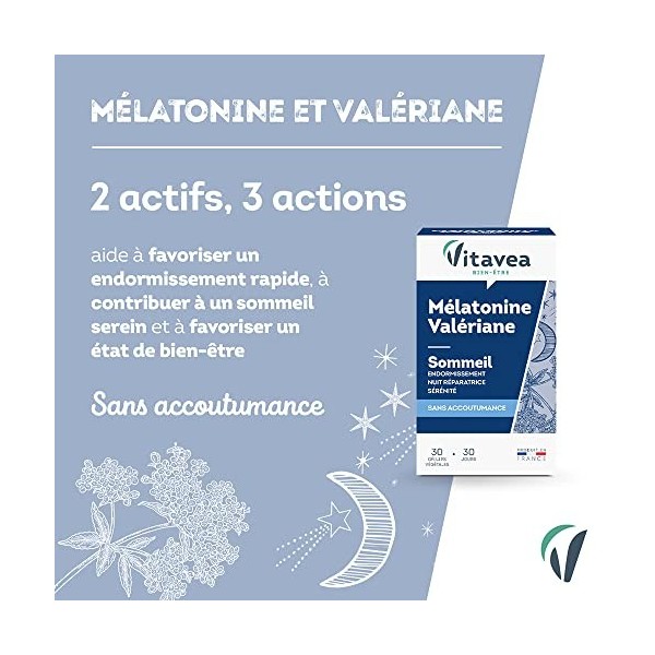 Vitavea - Mélatonine Valériane - Complément Alimentaire Sommeil Adulte - Endormissement Rapide, Nuit Réparatrice - Sans Accou