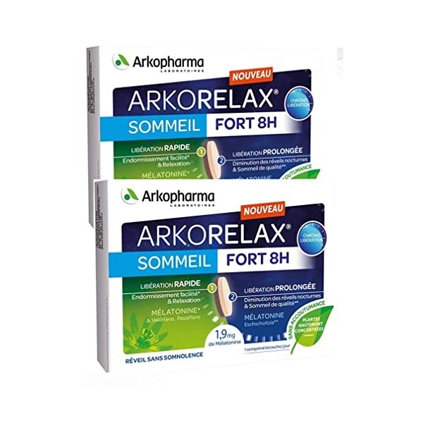 ARKORELAX SOMMEIL FORT 8 H - Chrono Libération - 1,9mg melatonine 5 extraits de plantes - 2 MOIS de TRAITEMENT - Lot de 60 Co