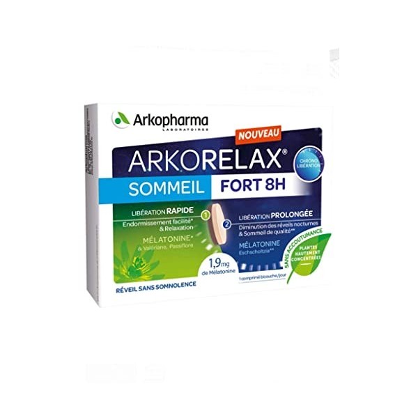 ARKORELAX SOMMEIL FORT 8 H - Chrono Libération - 1,9mg melatonine 5 extraits de plantes - 2 MOIS de TRAITEMENT - Lot de 60 Co