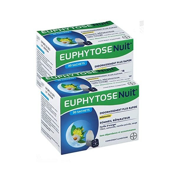 Euphytose nuit infusion Bayer - boite de 20 infusions - ENDORMISSEMENT PLUS RAPIDE & SOMMEIL REPARATEUR - Lot de 2 Boites de 