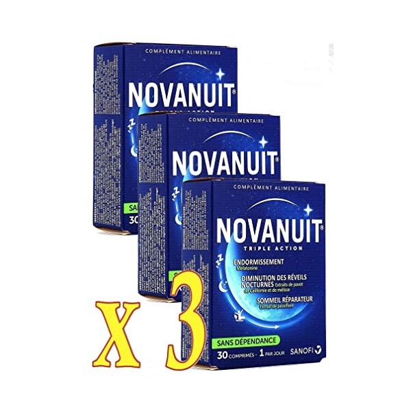 Novanuit Sommeil Triple action - Comprimés Sans Dioxide de Titane - 3 Mois de TRAITEMENT - Lot de 3 Boites de 30 Comp 3 