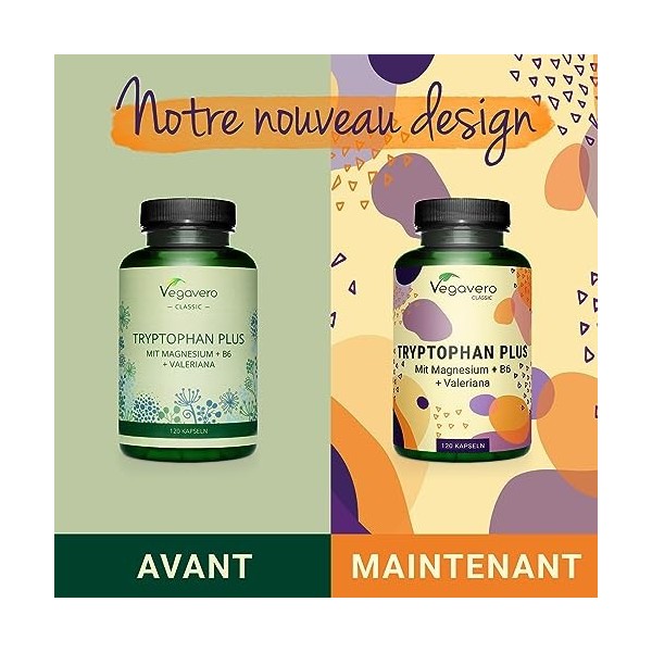 L-Tryptophane Plus Vegavero® | 600 mg | Avec Magnésium Naturel, Valériane et Vitamine B6 | Sans Additifs | Humeur + Sommeil +