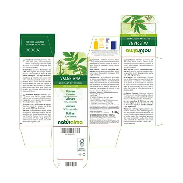 Valériane Valeriana officinalis racines Naturalma | 150 g | 300 comprimés de 500 mg | Complément alimentaire | Naturel et V