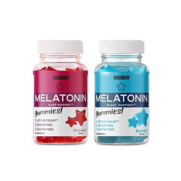 Weider Pack Duo Melatonin Gummies - Goûts Fraise et Myrtille 2x60 Gommes . 1 mg de mélatonine par gomme. Aide à la qualité d