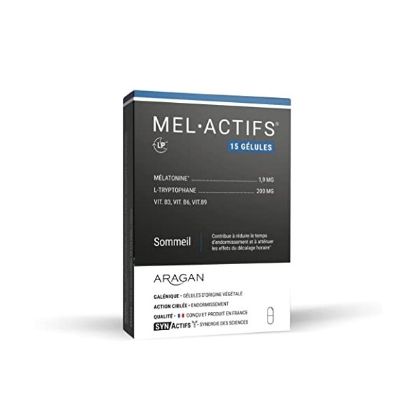 ARAGAN - Synactifs - Melactifs - Complément Alimentaire Sommeil Adulte - Mélatonine, L-tryptophane, Vitamines B3, B6 et B9 - 