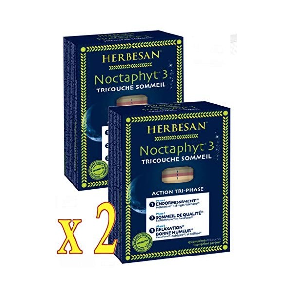 Herbesan Noctaphyt 3 TRICOUCHE SOMMEIL - 1 mois de Traitement - Lot de 2 Boites de 15 Comprimés