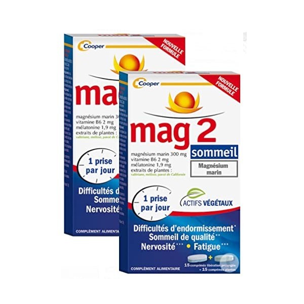 Mag 2 Sommeil Pack 1 Mois - NOUVELLE FORMULE - Difficultés dendormissement, nervosité, fatigue - Lot de 2 x 15 comp LP + 15