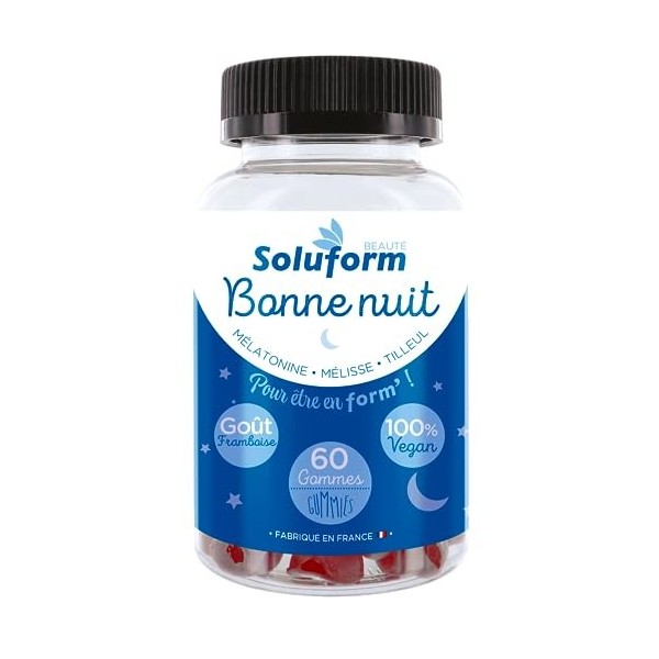 Complément Alimentaire Gummies Bonne Nuit Soluform - Mélatonine & Plantes - 100% Végan - Framboise - Favorise Endormissement 
