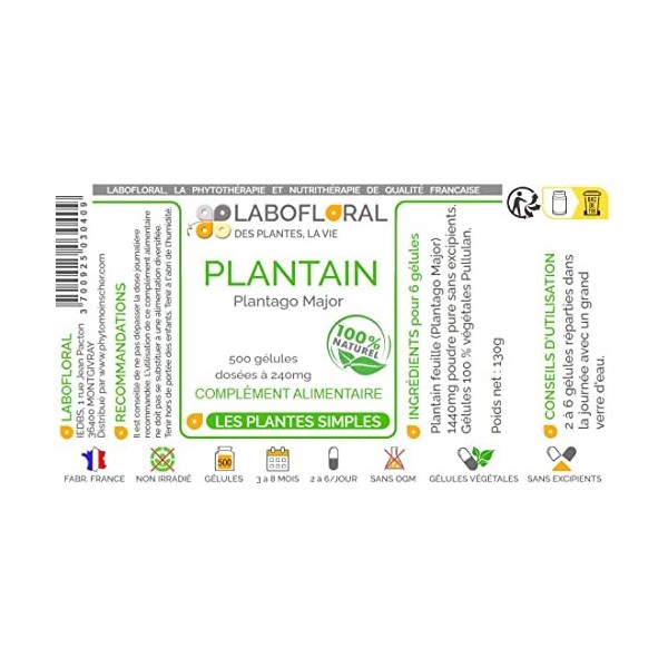 Plantain Labofloral 500 gélules dosées à 240 mg - Complément alimentaire - Respiration, allergies - Fabriqué en France