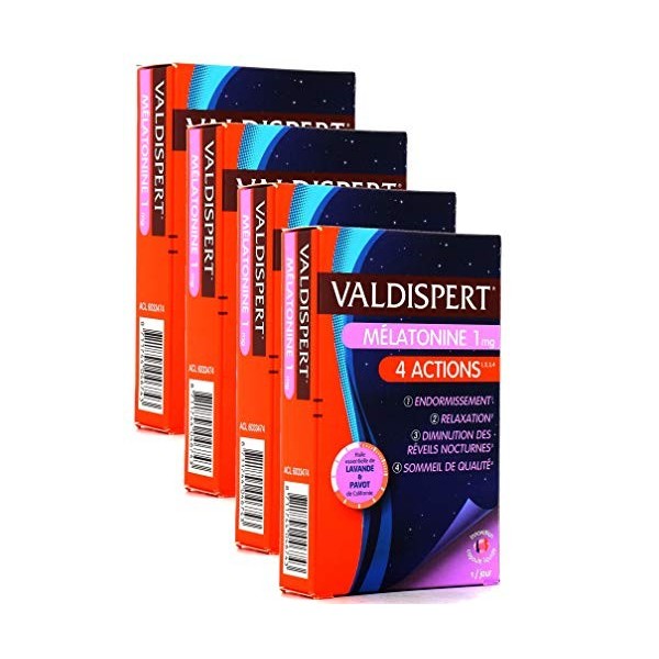VALDISPERT - Mélatonine 1 mg - 4 ACTIONS: ENDORMISSEMENT RELAXATION DIMINUTION des REVEILS NOCTURNES SOMMEIL DE QUALITE