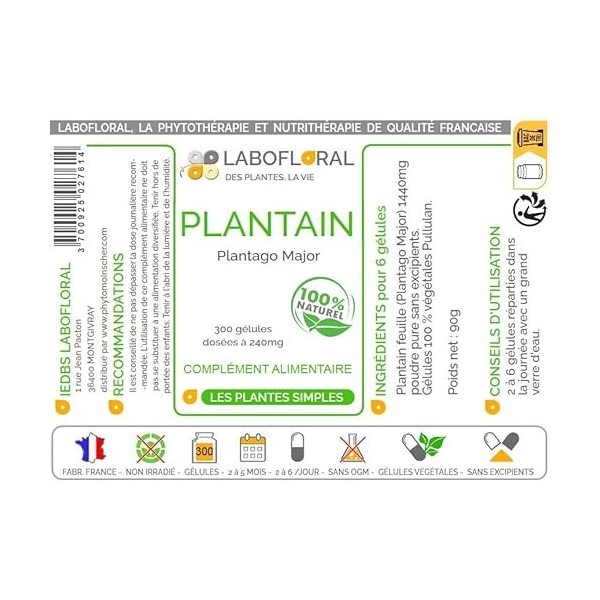 Plantain Labofloral 300 gélules dosées à 240 mg - Complément alimentaire - Respiration, allergies - Fabriqué en France