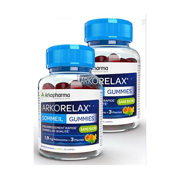 ARKORELAX SOMMEIL GUMMIES - Sans Sucre - 1,9mg mélatonine 3 extraits de plantes - 2 MOIS de TRAITEMENT - Lot de 2 boites de 3