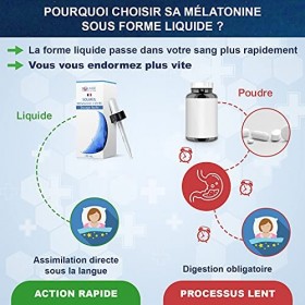Mélatonine Liquide à Assimilation Rapide - 160 Nuits de Sommeil Réparateur - Assimilation x1.8 par Rapport Aux Gélules - Comp