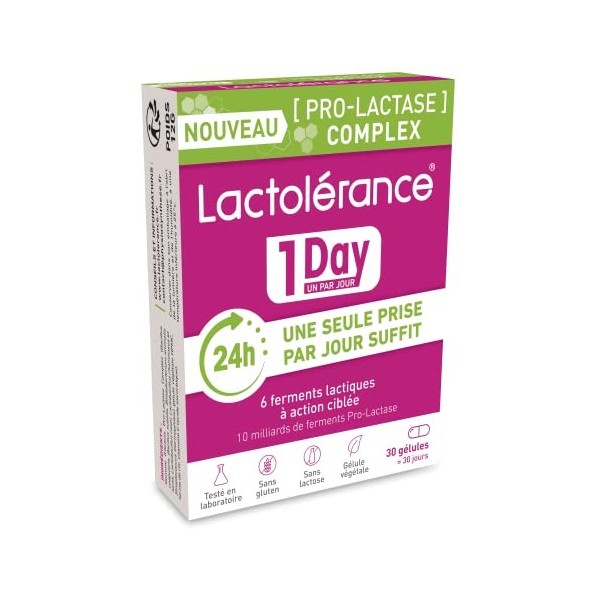 Lactolérance 1Day I Précurseur de Lactase I Protection 24h/24-1 seule gélule par jour | Améliore la digestion du lactose | To