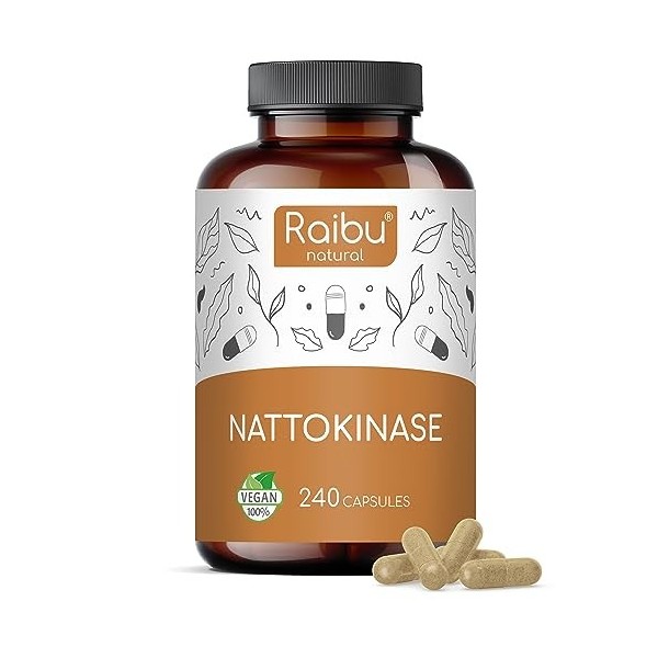 Raibu Nattokinase 240 Gélules Hautement Dosé 100 mg 20.000 FU/g - 8 mois dapprovisionnement | Testé en laboratoire et végé