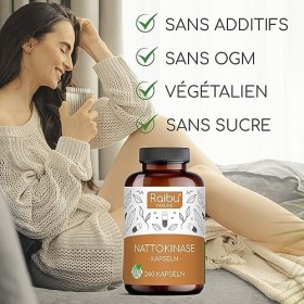 Raibu Nattokinase 240 Gélules Hautement Dosé 100 mg 20.000 FU/g - 8 mois dapprovisionnement | Testé en laboratoire et végé