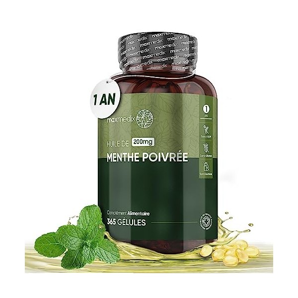 Gélules Huile De Menthe Poivrée 200mg - 365 Menthe Poivrée Gelules Pour 1 An - 1 Gélule/Jour Haleine Fraiche & Ingrédients D