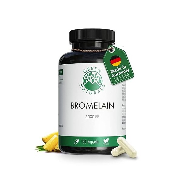 Bromelaïne | 150 Capsules | Haute Dose | Vegan | Activité enzymatique élevée: 5000 FIP | 2500 GDU par capsule | GREEN NATURAL