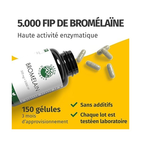 Bromelaïne | 150 Capsules | Haute Dose | Vegan | Activité enzymatique élevée: 5000 FIP | 2500 GDU par capsule | GREEN NATURAL