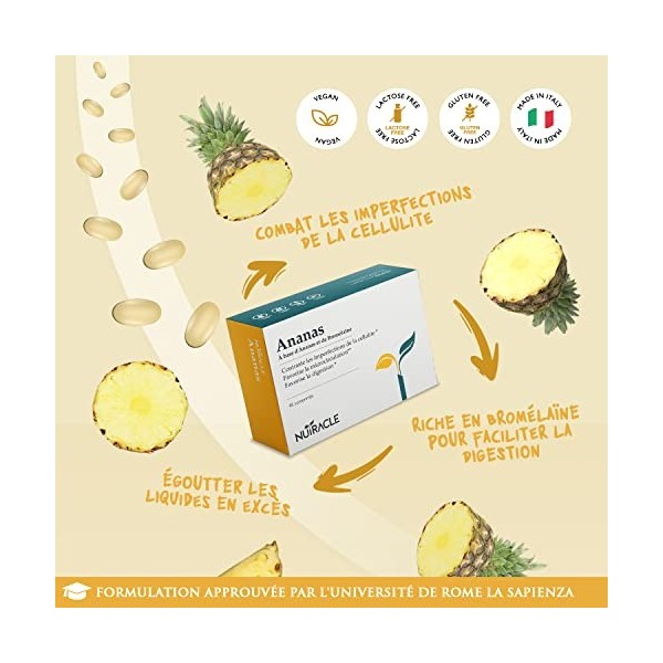 Nutracle Ananas Bromélaïne 2400GDU/g 45 comprimés 750mg - Supplément Drainant Fort - Anti-Cellulite et Rétention deau dans l