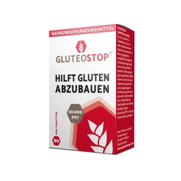 GluteoStop® - aide à décomposer le gluten - 90 mini comprimés - sensibilité au gluten - régime pauvre en gluten - enzyme 90 