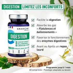 Digestion GRANIONS | Complément alimentaire digestion | Avec charbon actif vegetal + Fenouil + Calcium | Enzymes digestives, 