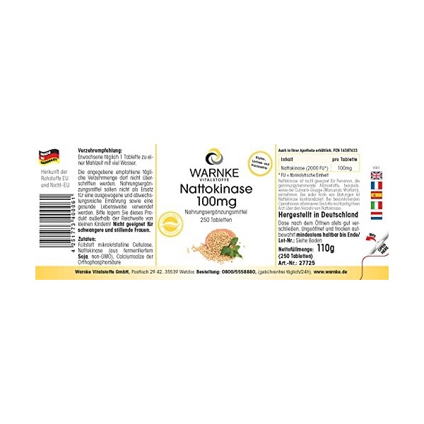 Nattokinase 100mg - 2000 FU - hautement dosé - vegan - 250 comprimés | Warnke Vitalstoffe