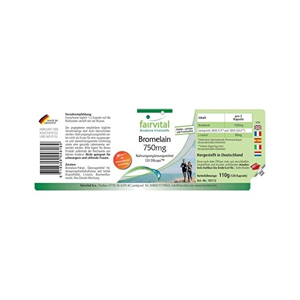 Fairvital | Bromélaïne 750mg - Fortement dosé - VEGAN - 120 gélules - Enzyme dAnanas - Broméline