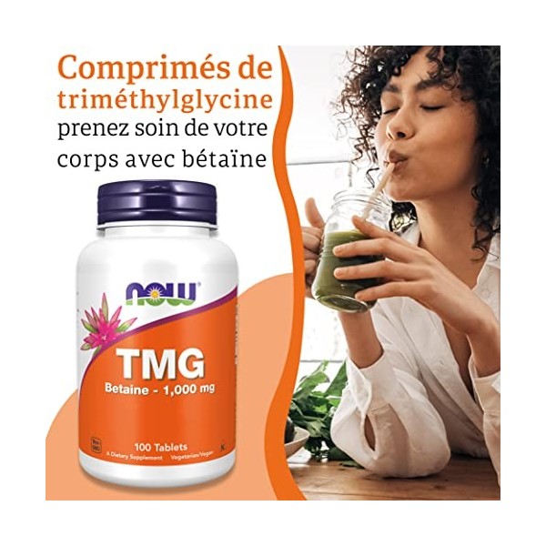 Now Foods, TMG Trimethylglycine , 1.000 mg, 100 Comprimés végétaliens, Testé en Laboratoire, Haute Dose, Bétaïne, Sans Glute