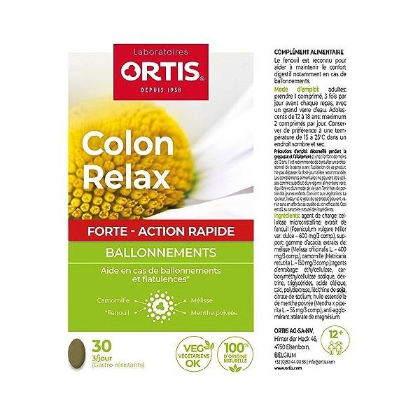 Ortis - Colon Relax Forte 30 Comprimés - Complément Alimentaire pour Aider en cas de Ballonnements et Flatulences - Confort D