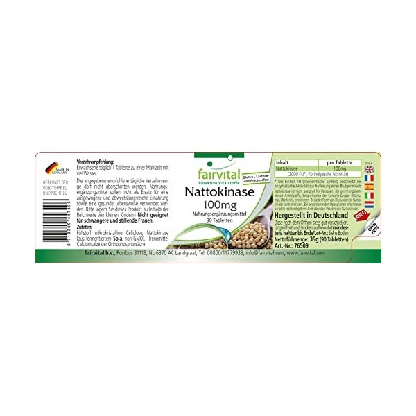 Fairvital | Nattokinase 100mg - boite de 3 mois - VEGAN - Fortement dosé - 90 comprimés - 2000 FU