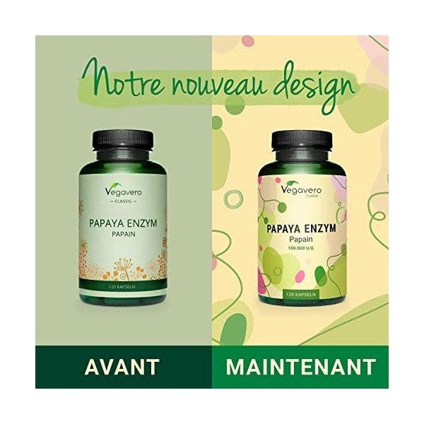 Enzyme de Papaye Vegavero® | Papaïne Pure & Naturelle | 500 mg par gélule | 120 gélules | Sans Additifs | Meilleure Digestion